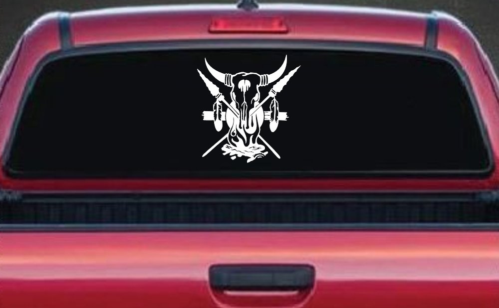 Bull Skull Spears Campfire Feathers Western Native American Indian Car or Truck Window Decal Sticker