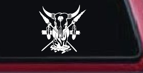 Bull Skull Spears Campfire Feathers Western Native American Indian Car or Truck Window Decal Sticker (White)