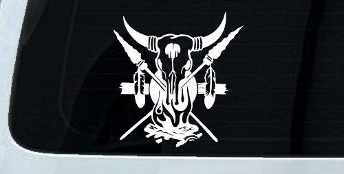 Bull Skull Spears Campfire Feathers Western Native American Indian Car or Truck Window Vinyl Decal Sticker (White)