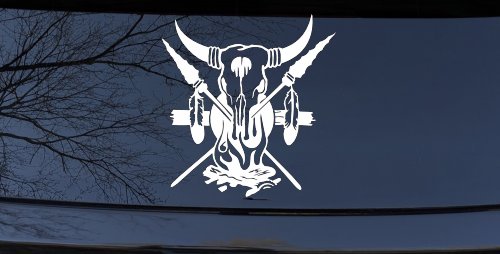 Bull Skull Spears Campfire Feathers Western Native American Indian Car or Truck Window Decal Sticker (White)