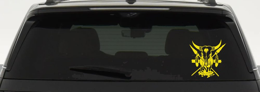 Bull Skull Spears Campfire Feathers Western Native American Indian Car or Truck Window Vinyl Decal Sticker (Yellow)