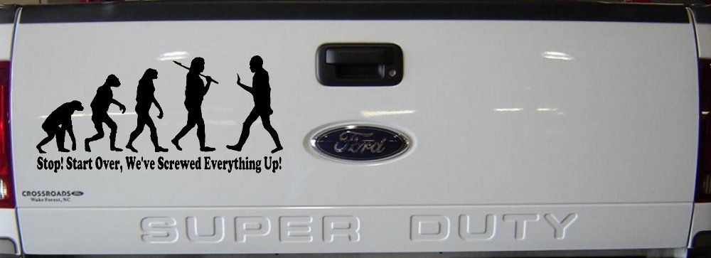 Stop Evolution We Screwed Everything Up Funny Car or Truck Window Decal Sticker (Black)
