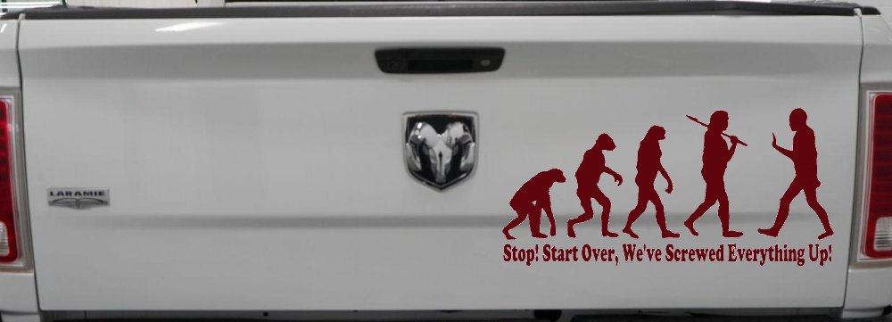 Stop Evolution We Screwed Everything Up Funny Car or Truck Window Decal Sticker (Purple Red)