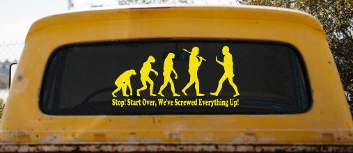 Stop Evolution We Screwed Everything Up Funny Car or Truck Window Decal Sticker (Yellow)