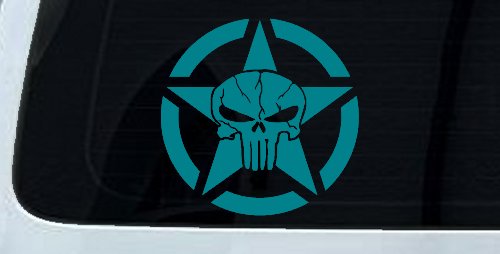 Military Jeep Star Segmented Cracked Punisher Skull Off Road Car or Truck Window Vinyl Decal Sticker (Turquoise Blue)