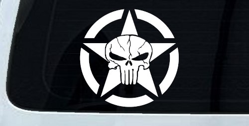 Military Jeep Star Segmented Cracked Punisher Skull Off Road Car or Truck Window Vinyl Decal Sticker (White)