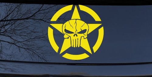 Military Jeep Star Segmented Cracked Punisher Skull Off Road Car or Truck Window Vinyl Decal Sticker (Yellow)