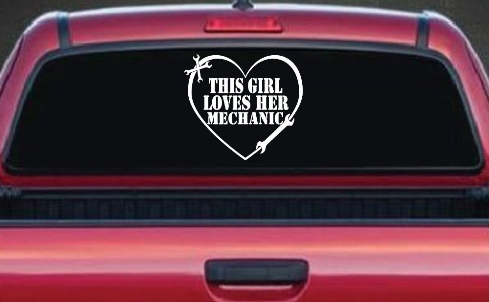 This Girl Loves Her Mechanic Car or Truck Window Vinyl Decal Sticker (White)