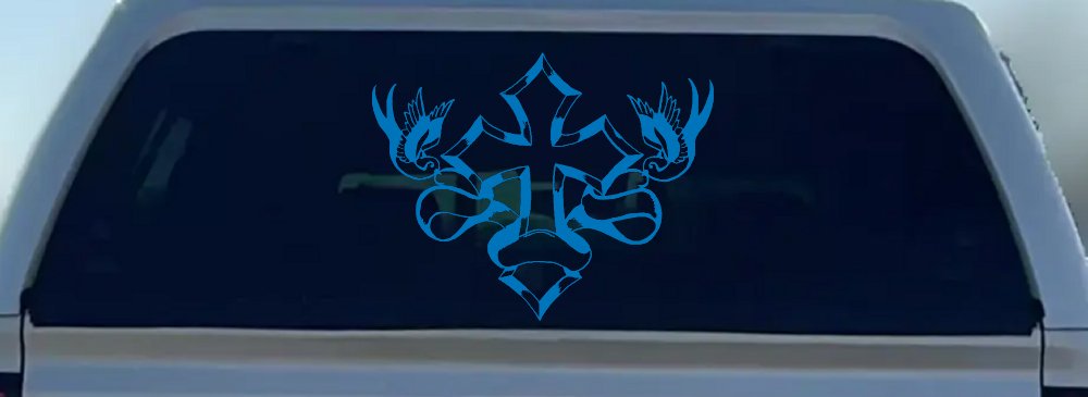 Cross With Doves Christian Car or Truck Window Decal Sticker (Sky Blue)