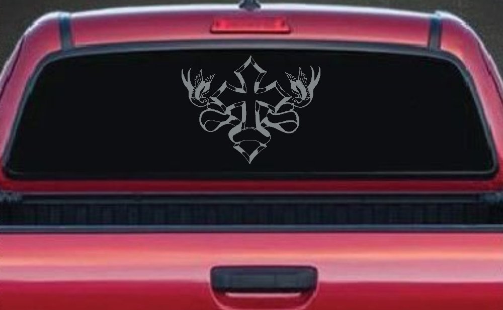 Cross With Doves Christian Car or Truck Window Decal Sticker (Telegrey)