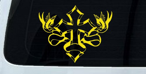 Cross With Doves Christian Car or Truck Window Vinyl Decal Sticker (Yellow)