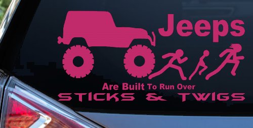 Jeep Running Over Stick Family Off Road Car or Truck Window Decal Sticker (Hot Pink)