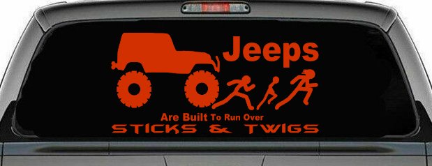 Jeep Running Over Stick Family Off Road Car or Truck Window Decal Sticker (Orange Red)