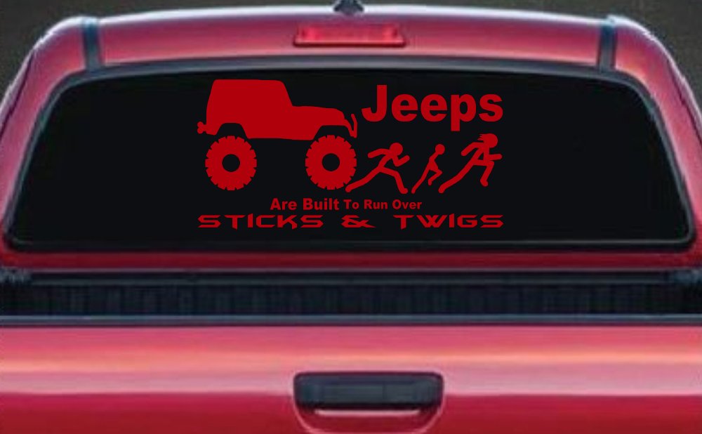 Jeep Running Over Stick Family Off Road Car or Truck Window Decal Sticker (Red)