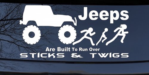 Jeep Running Over Stick Family Off Road Car or Truck Window Decal Sticker (White)