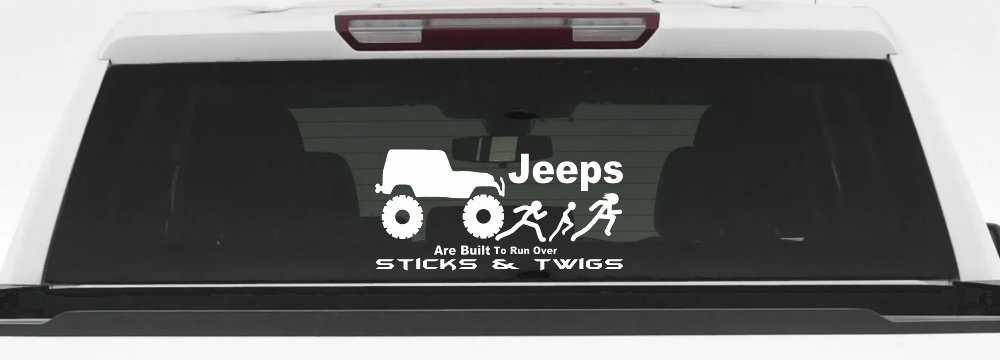 Jeep Running Over Stick Family Off Road Car or Truck Window Decal Sticker (White)