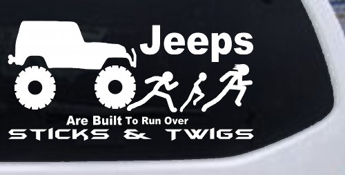 Jeep Running Over Stick Family Off Road Car or Truck Window Decal Sticker (White)