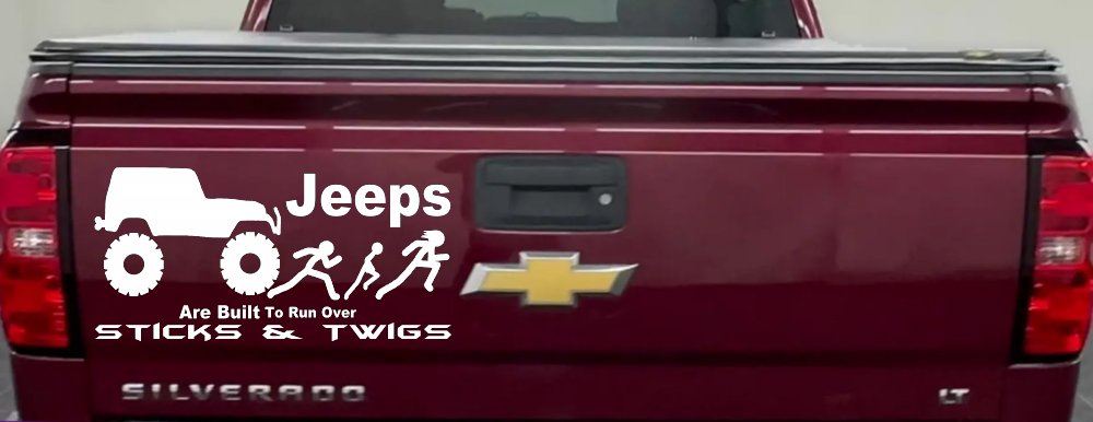 Jeep Running Over Stick Family Off Road Car or Truck Window Decal Sticker (White)