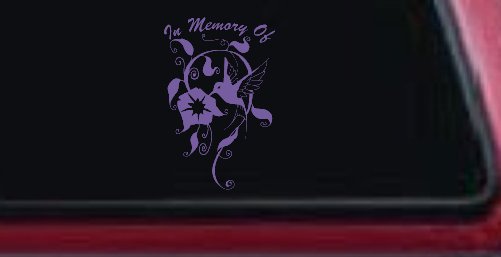 In Memory Of Swirl Vine Hummingbird Car or Truck Window Decal Sticker (Purple)
