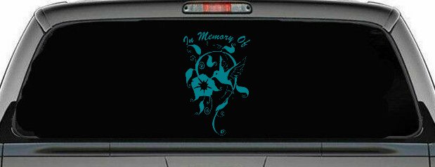 In Memory Of Swirl Vine Hummingbird Car or Truck Window Vinyl Decal Sticker (Turquoise Blue)