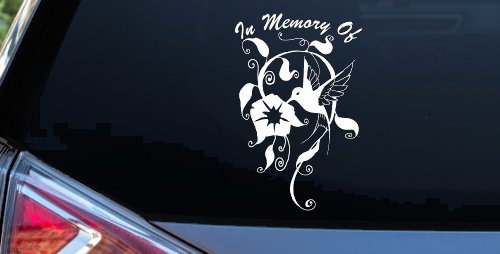 In Memory Of Swirl Vine Hummingbird Car or Truck Window Vinyl Decal Sticker (White)