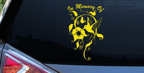 In Memory Of Swirl Vine Hummingbird Car or Truck Window Decal Sticker (Yellow)