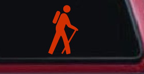 Hiking Hiker Stick Figure Car or Truck Window Decal Sticker (Orange Red)
