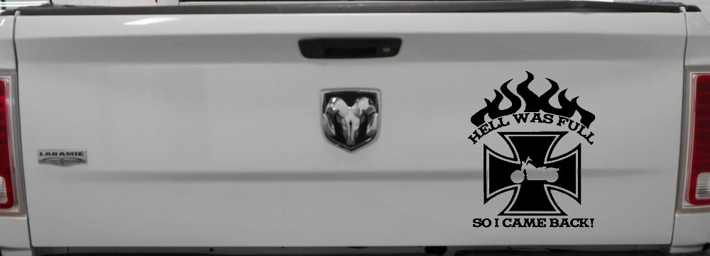 Hell Was Full So I Came Back Maltese Cross Bike Biker Car or Truck Window Vinyl Decal Sticker (Black)
