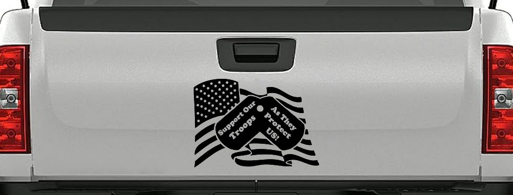 Support Our Troops As They Protect Us American Flag Dog Tags Military Car or Truck Window Decal Sticker (Black)
