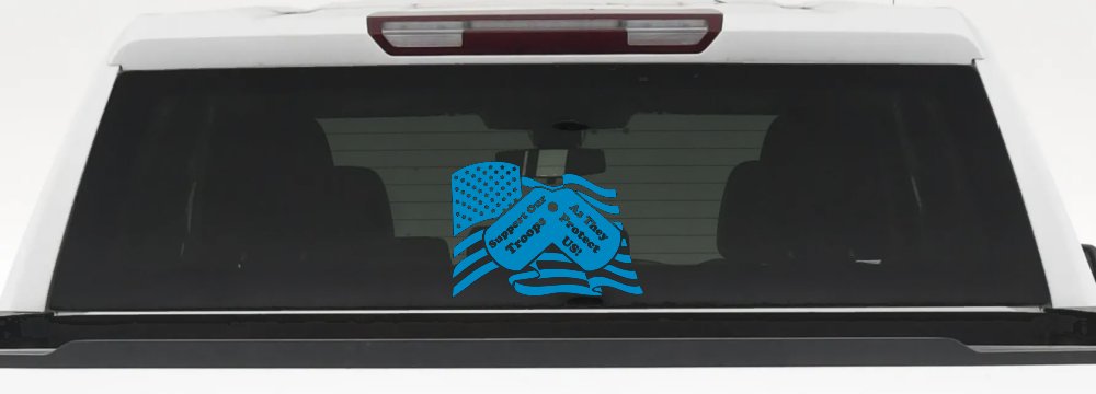 Support Our Troops As They Protect Us American Flag Dog Tags Military Car or Truck Window Decal Sticker (Blue)