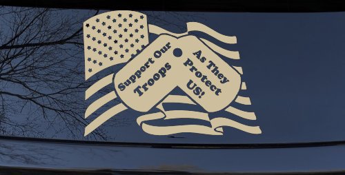 Support Our Troops As They Protect Us American Flag Dog Tags Military Car or Truck Window Decal Sticker (Desert Sand)