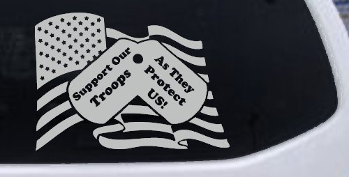 Support Our Troops As They Protect Us American Flag Dog Tags Military Car or Truck Window Decal Sticker (Light Gray)