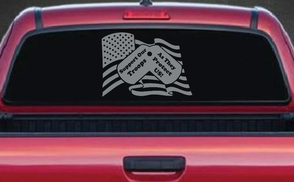 Support Our Troops As They Protect Us American Flag Dog Tags Military Car or Truck Window Decal Sticker