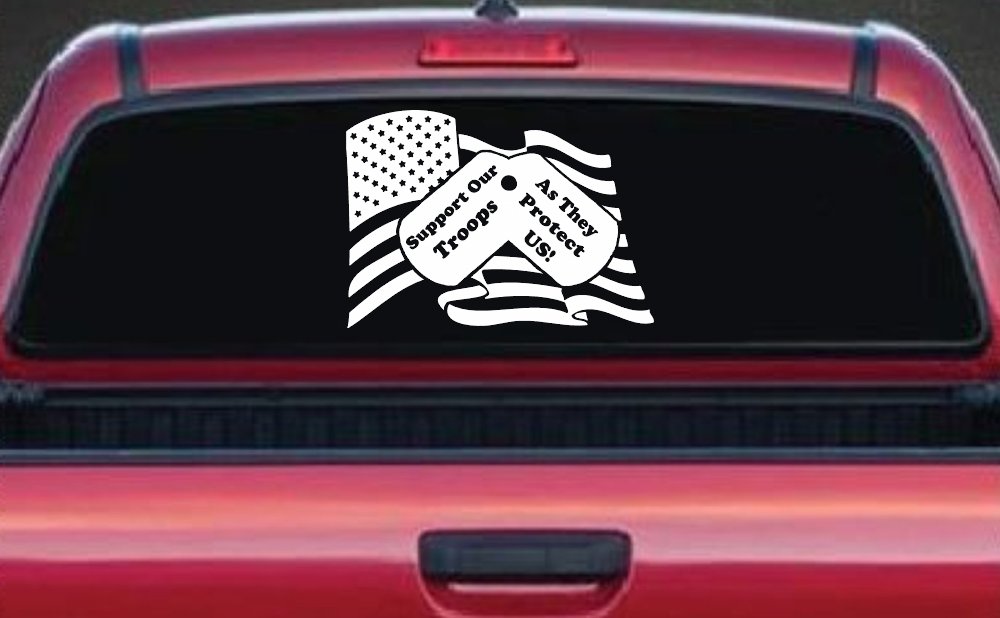 Support Our Troops As They Protect Us American Flag Dog Tags Military Car or Truck Window Decal Sticker