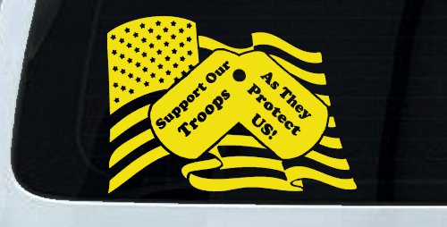 Support Our Troops As They Protect Us American Flag Dog Tags Military Car or Truck Window Decal Sticker (Yellow)