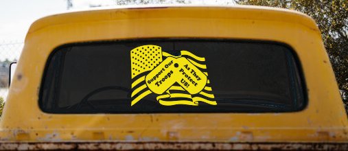 Support Our Troops As They Protect Us American Flag Dog Tags Military Car or Truck Window Decal Sticker (Yellow)