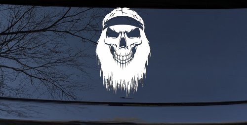 Beard Skull Biker Skulls Car or Truck Window Decal Sticker (White)