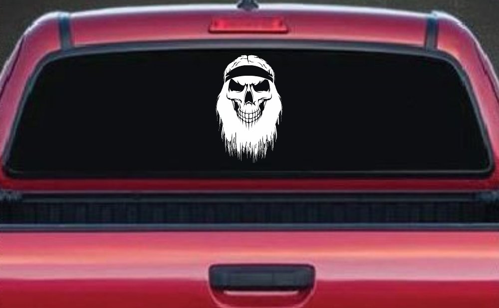 Beard Skull Biker Skulls Car or Truck Window Vinyl Decal Sticker (White)