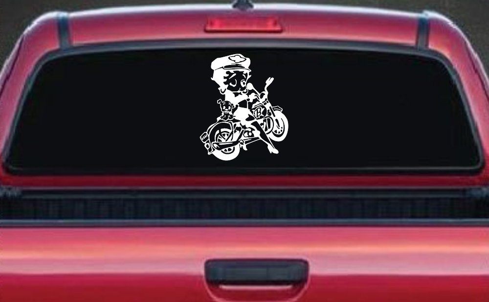 Betty Boop On Motorcycle With Dog Lady Biker Cartoons Car or Truck Window Decal Sticker (White)