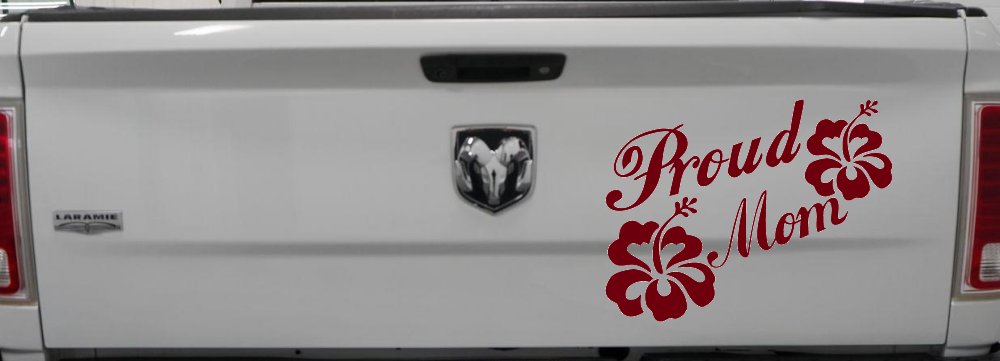 Proud Mom Hibiscus Flowers Car or Truck Window Decal Sticker (Burgundy)