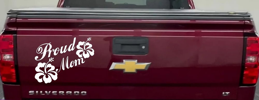 Proud Mom Hibiscus Flowers Car or Truck Window Decal Sticker (White)