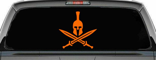 Spartan Helmet and Swords Military Car or Truck Window Decal Sticker (Orange)