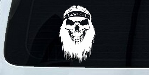 Beard Skull Lowlife Car or Truck Window Vinyl Decal Sticker (White)
