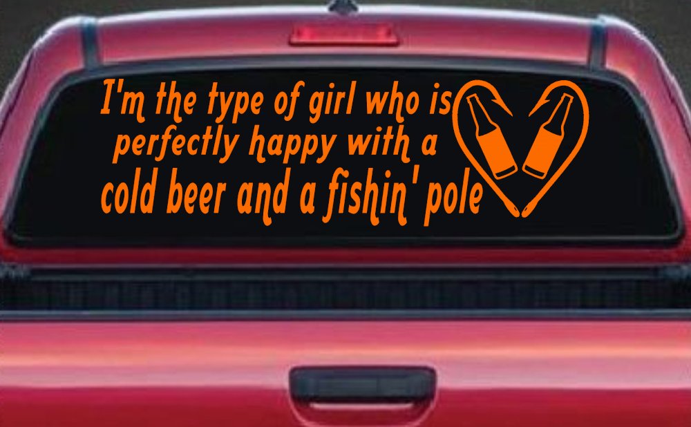 Type Of Girl Who Is Happy With Beer And Fishing Car or Truck Window Vinyl Decal Sticker (Orange)