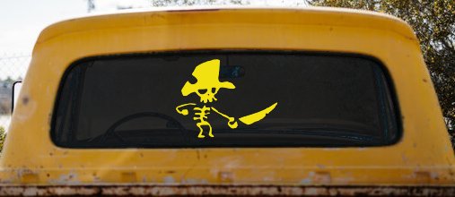 Pirate Skeleton Sword Forward Skulls Car or Truck Window Vinyl Decal Sticker (Yellow)