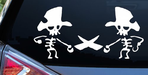 Pirate Skeleton Duel Skulls Car or Truck Window Vinyl Decal Sticker (White)