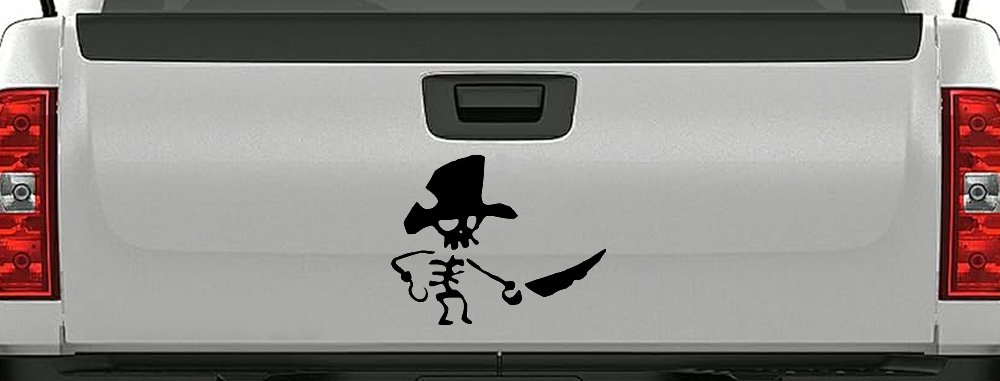 Pirate Skeleton WIth Hook Hand Sword In Front Skulls Car or Truck Window Vinyl Decal Sticker (Black)