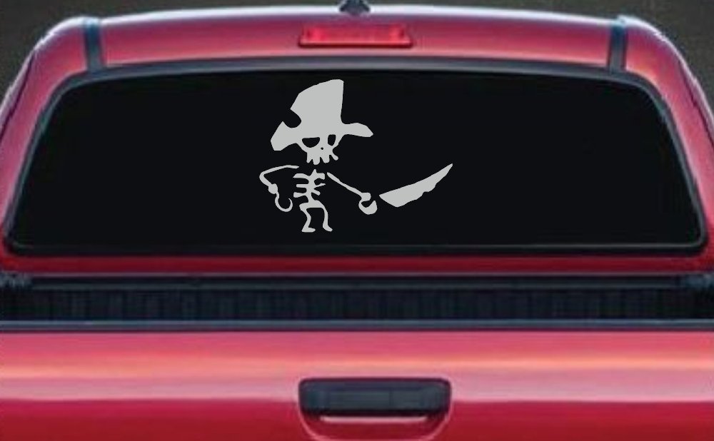 Pirate Skeleton WIth Hook Hand Sword In Front Skulls Car or Truck Window Decal Sticker (Light Gray)
