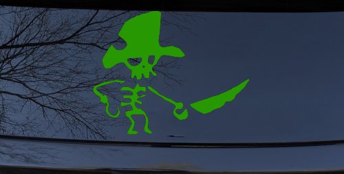 Pirate Skeleton WIth Hook Hand Sword In Front Skulls Car or Truck Window Decal Sticker (Lime)