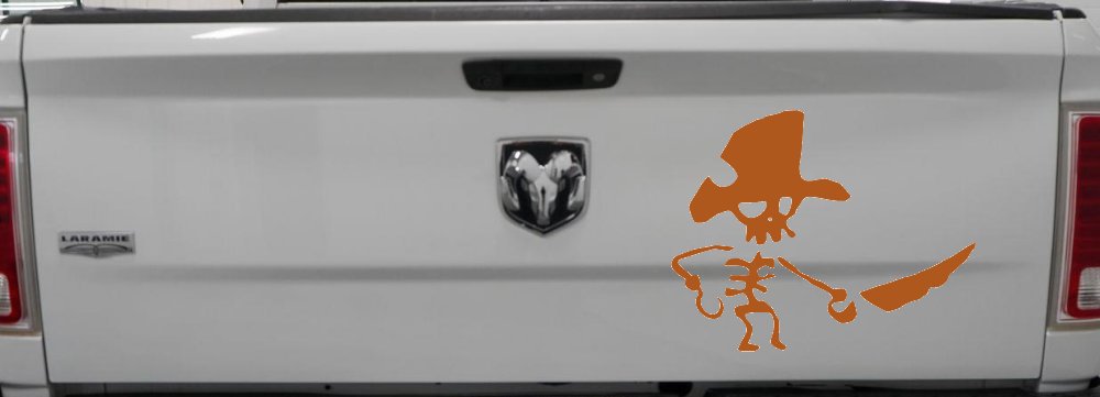 Pirate Skeleton WIth Hook Hand Sword In Front Skulls Car or Truck Window Vinyl Decal Sticker (Nut Brown)